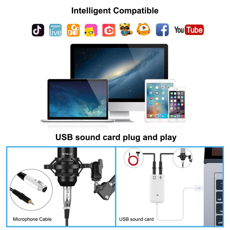 PULUZ Studio Broadcast Professional Singing Microphone Kits with Suspension Scissor Arm & Metal Shock Mount & USB Sound Card(Silver)