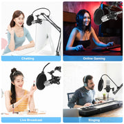 PULUZ Studio Broadcast Professional Singing Microphone Kits with Suspension Scissor Arm & Metal Shock Mount & USB Sound Card(Silver)
