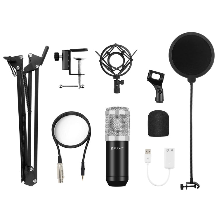 PULUZ Studio Broadcast Professional Singing Microphone Kits with Suspension Scissor Arm & Metal Shock Mount & USB Sound Card(Silver)