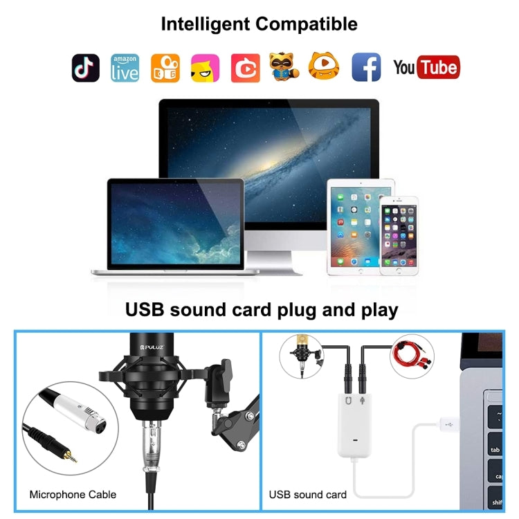PULUZ Condenser Microphone Studio Broadcast Professional Singing Microphone Kits with Suspension Scissor Arm & Metal Shock Mount & USB Sound Card, Power By 48V(Gold) - Microphone by PULUZ | Online Shopping South Africa | PMC TechLife | Buy Now Pay Later Mobicred