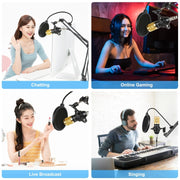 PULUZ Condenser Microphone Studio Broadcast Professional Singing Microphone Kits with Suspension Scissor Arm & Metal Shock Mount & USB Sound Card, Power By 48V(Gold)