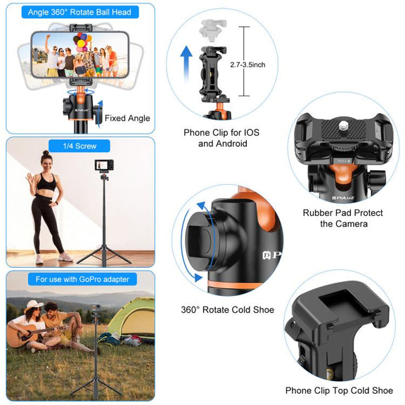 PULUZ 1.4m Phone Selfie Stick Tripod Vlog Live Streaming Holder with Phone Clip (Black)