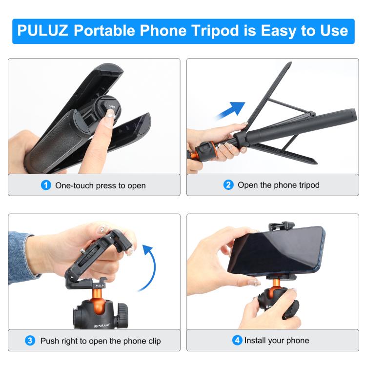 PULUZ 1.4m Phone Selfie Stick Tripod Vlog Live Streaming Holder with Phone Clip (Black)