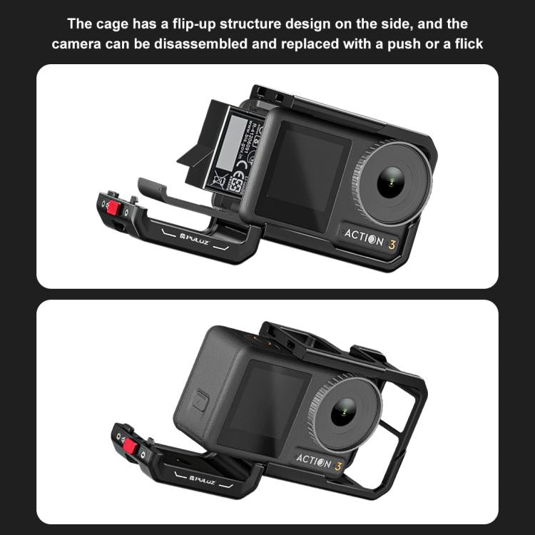For DJI Osmo Action 5 Pro / 4 / 3 PULUZ All-inclusive Aluminum Alloy Cage Expansion Adapter Frame with Lens Cover (Black) - free shipping - PMC TechLife - Order now!