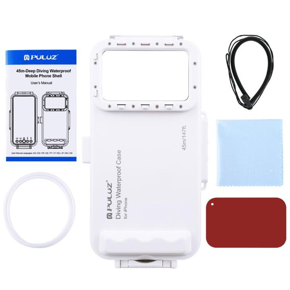 PULUZ 45m/147ft Water-resistant Diving Case Photo Video Taking Underwater Housing Cover for iPhone 14 Series, iPhone 13 Series, iPhone 12 Series, iPhone 11 Series, iPhone X Series, iPhone 8 & 7, iPhone 6s, iOS 13.0 or Above Version iPhone(White)