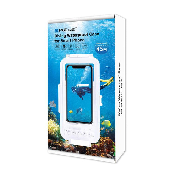 PULUZ 45m/147ft Water-resistant Diving Case Photo Video Taking Underwater Housing Cover for iPhone 14 Series, iPhone 13 Series, iPhone 12 Series, iPhone 11 Series, iPhone X Series, iPhone 8 & 7, iPhone 6s, iOS 13.0 or Above Version iPhone(White)