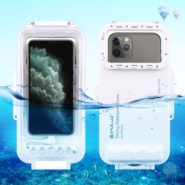 PULUZ 45m/147ft Water-resistant Diving Case Photo Video Taking Underwater Housing Cover for iPhone 14 Series, iPhone 13 Series, iPhone 12 Series, iPhone 11 Series, iPhone X Series, iPhone 8 & 7, iPhone 6s, iOS 13.0 or Above Version iPhone(White)