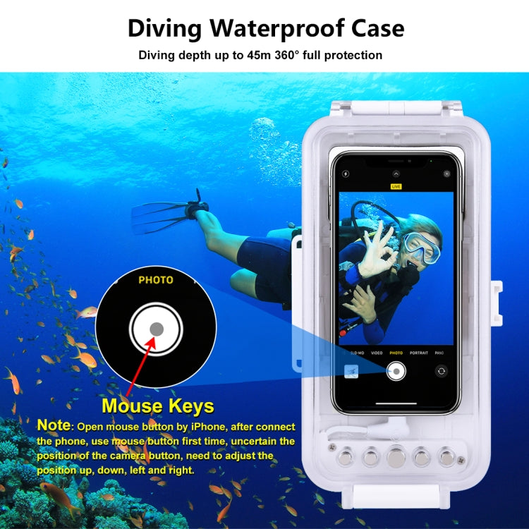 PULUZ 45m/147ft Water-resistant Diving Case Photo Video Taking Underwater Housing Cover for iPhone 14 Series, iPhone 13 Series, iPhone 12 Series, iPhone 11 Series, iPhone X Series, iPhone 8 & 7, iPhone 6s, iOS 13.0 or Above Version iPhone(White)