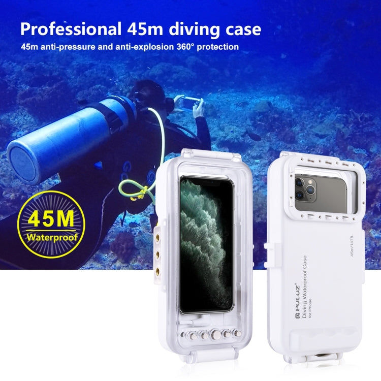 PULUZ 45m/147ft Water-resistant Diving Case Photo Video Taking Underwater Housing Cover for iPhone 14 Series, iPhone 13 Series, iPhone 12 Series, iPhone 11 Series, iPhone X Series, iPhone 8 & 7, iPhone 6s, iOS 13.0 or Above Version iPhone(White)