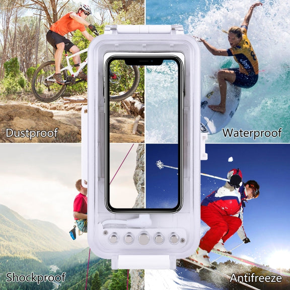 PULUZ 45m/147ft Water-resistant Diving Case Photo Video Taking Underwater Housing Cover for iPhone 14 Series, iPhone 13 Series, iPhone 12 Series, iPhone 11 Series, iPhone X Series, iPhone 8 & 7, iPhone 6s, iOS 13.0 or Above Version iPhone(White)
