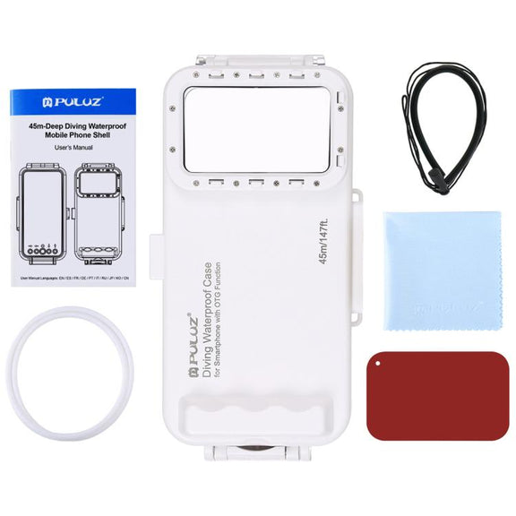 PULUZ 45m/147ft Water-resistant Diving Case Photo Video Taking Underwater Housing Cover for iPhone 16 / 16 Pro / 15 / 15 Pro, Galaxy, Huawei, Xiaomi, Google Android OTG Smartphones with Type-C Port(White) - free shipping - PMC TechLife - Order now!