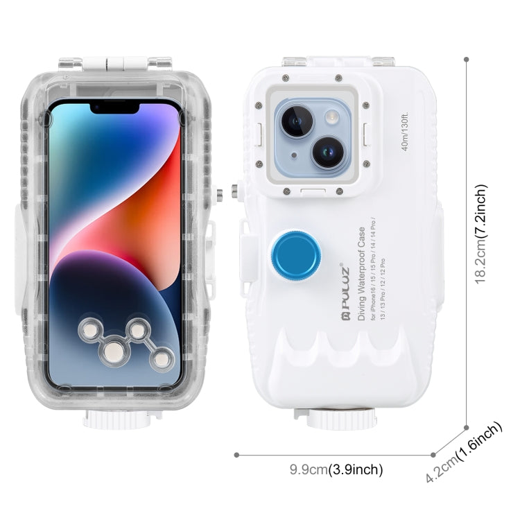PULUZ 40m/130ft Water-resistant Diving Case for iPhone 16 / 15 / 15 Pro / 14 / 14 Pro / 13 / 13 Pro / 12 / 12 Pro, with One-way Valve Photo Video Taking Underwater Housing Cover(White)
