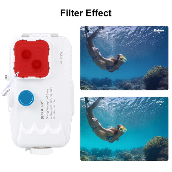 PULUZ 40m/130ft Water-resistant Diving Case for iPhone 16 / 15 / 15 Pro / 14 / 14 Pro / 13 / 13 Pro / 12 / 12 Pro, with One-way Valve Photo Video Taking Underwater Housing Cover(White)