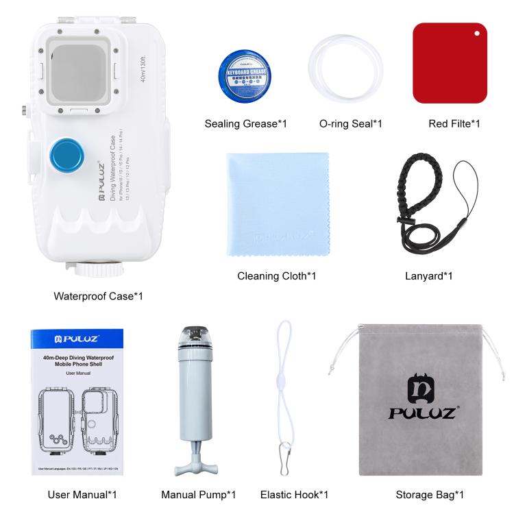 PULUZ 40m/130ft Water-resistant Diving Case for iPhone 16 / 15 / 15 Pro / 14 / 14 Pro / 13 / 13 Pro / 12 / 12 Pro, with One-way Valve Photo Video Taking Underwater Housing Cover(White)