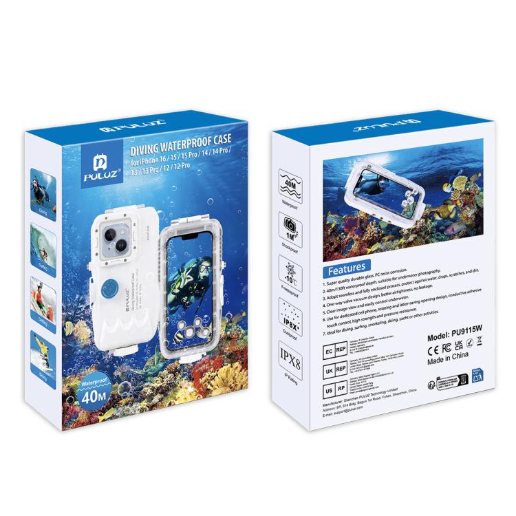 PULUZ 40m/130ft Water-resistant Diving Case for iPhone 16 / 15 / 15 Pro / 14 / 14 Pro / 13 / 13 Pro / 12 / 12 Pro, with One-way Valve Photo Video Taking Underwater Housing Cover(White)