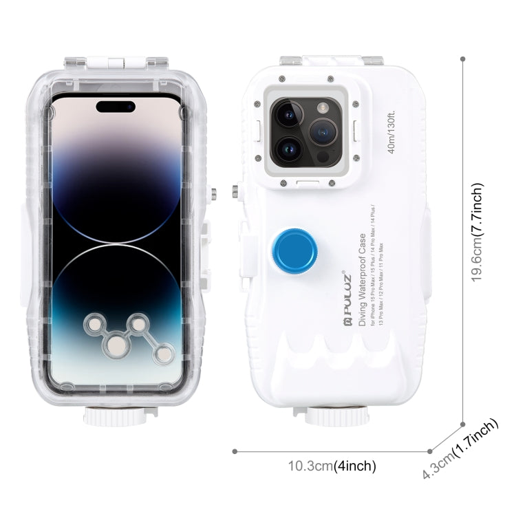 PULUZ 40m/130ft Water-resistant Diving Case for iPhone 15 Pro Max / 15 Plus / 14 Plus / 14 Pro Max / 13 Pro Max / 12 Pro Max / 11 Pro Max, with One-way Valve Photo Video Taking Underwater Housing Cover(White)