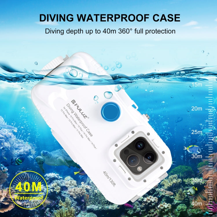 PULUZ 40m/130ft Waterproof Diving Case for iPhone 15 Pro Max / 15 Plus / 14 Plus / 14 Pro Max / 13 Pro Max / 12 Pro Max / 11 Pro Max, with One-way Valve Photo Video Taking Underwater Housing Cover(White) - free shipping - PMC Jewellery - Order now!