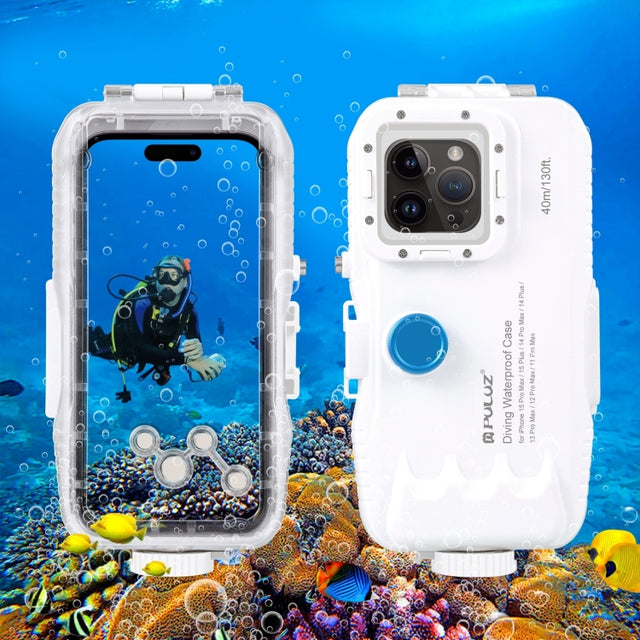 PULUZ 40m/130ft Water-resistant Diving Case for iPhone 15 Pro Max / 15 Plus / 14 Plus / 14 Pro Max / 13 Pro Max / 12 Pro Max / 11 Pro Max, with One-way Valve Photo Video Taking Underwater Housing Cover(White)