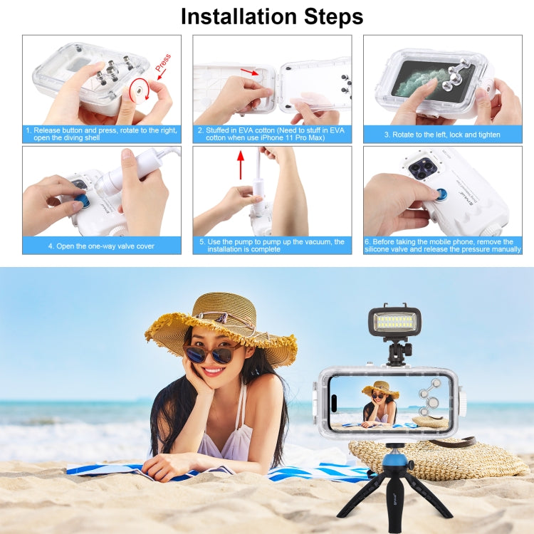 PULUZ 40m/130ft Water-resistant Diving Case for iPhone 15 Pro Max / 15 Plus / 14 Plus / 14 Pro Max / 13 Pro Max / 12 Pro Max / 11 Pro Max, with One-way Valve Photo Video Taking Underwater Housing Cover(White)
