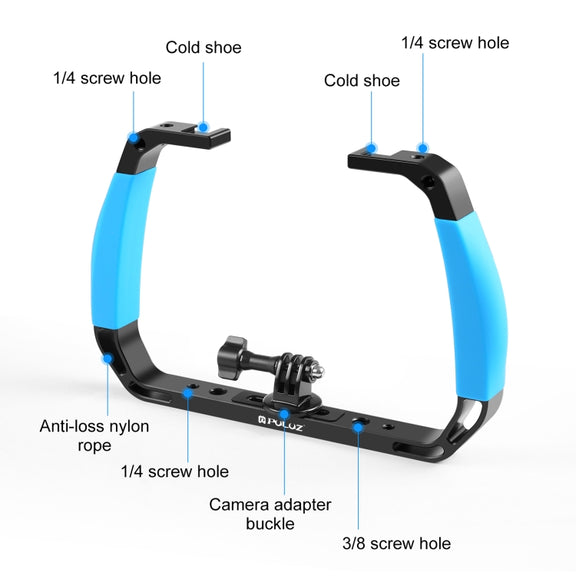 PULUZ Dual Silicone Handles Aluminium Alloy Underwater Diving Rig for GoPro, DJI OSMO Action, Insta360 and Other Action Cameras (Blue)