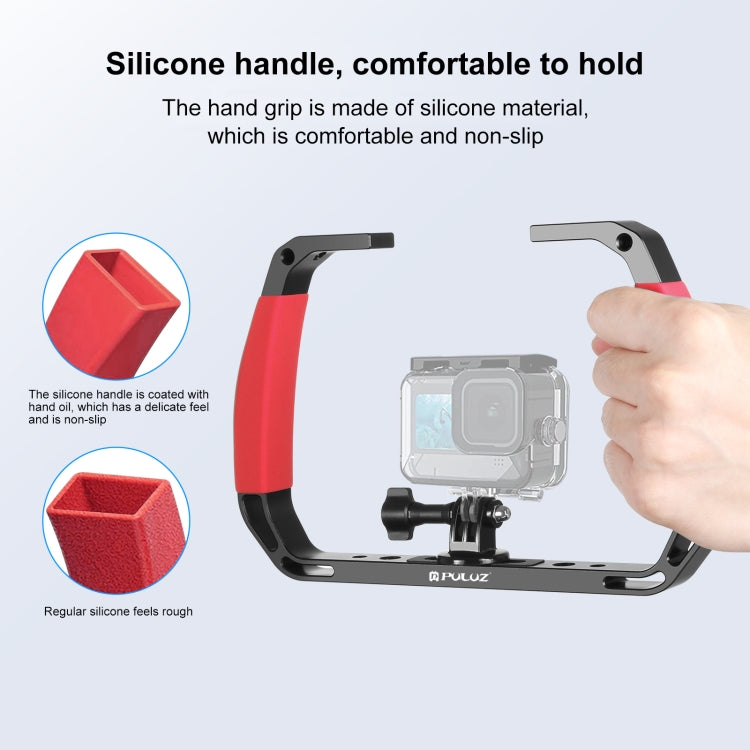 PULUZ Dual Silicone Handles Aluminium Alloy Underwater Diving Rig for GoPro, DJI OSMO Action, Insta360 and Other Action Cameras (Red)