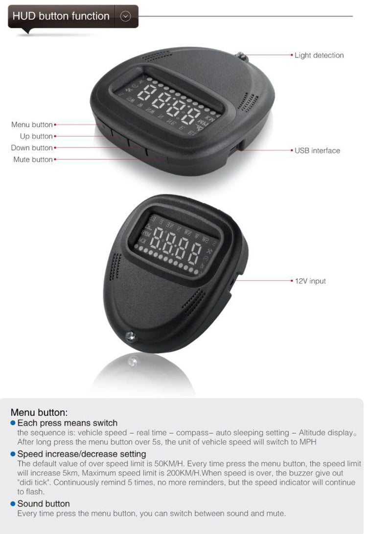 A1 2.0 inch Car GPS HUD Head Up Display Vehicle-mounted Security System, Support Speed & Real Time & Altitude & Over Speed Alarm & Compass & MPH & Auto Sleeping & KM & Satellite Signal - Head Up Display System by PMC TechLife | Online Shopping South Africa | PMC TechLife | Buy Now Pay Later Mobicred