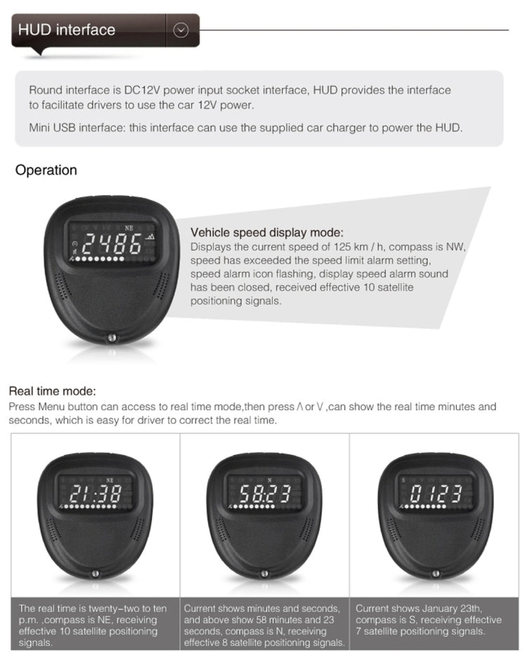 A1 2.0 inch Car GPS HUD Head Up Display Vehicle-mounted Security System, Support Speed & Real Time & Altitude & Over Speed Alarm & Compass & MPH & Auto Sleeping & KM & Satellite Signal - Head Up Display System by PMC TechLife | Online Shopping South Africa | PMC TechLife | Buy Now Pay Later Mobicred