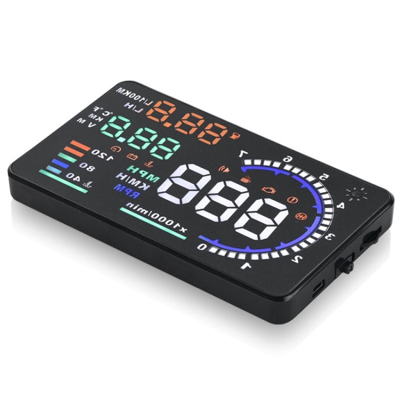 A8 5.5 inch Car OBDII HUD Warning System Vehicle-mounted Head Up Display Projector with LED, Support Fuel Consumption & Over Speed Alarm & Water Temperature & Fault Diagnosis