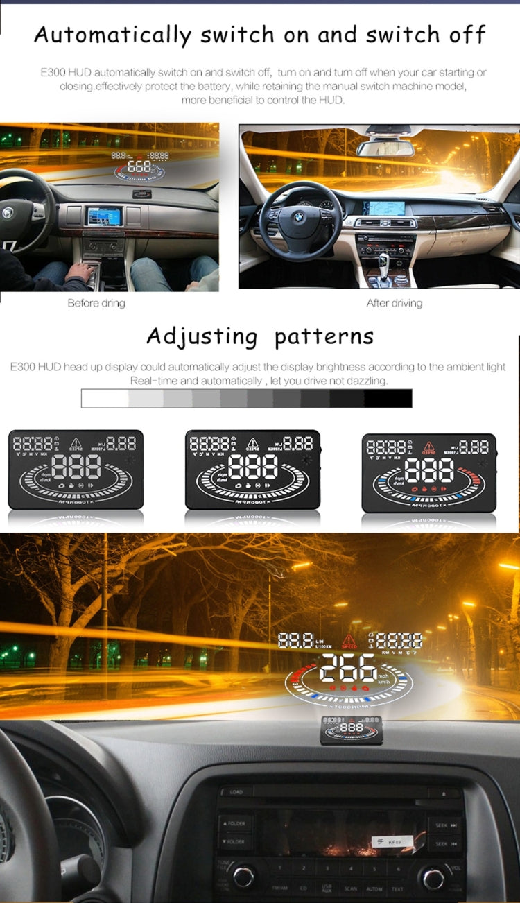 E300 5.5 inch Car OBDII / EUOBD HUD Vehicle-mounted Head Up Display Security System, Support Speed & Fuel Consumption, Overspeed Alarm,  Fuel Consumption, Water Temperature, etc.(Black) - Head Up Display System by PMC TechLife | Online Shopping South Africa | PMC TechLife | Buy Now Pay Later Mobicred
