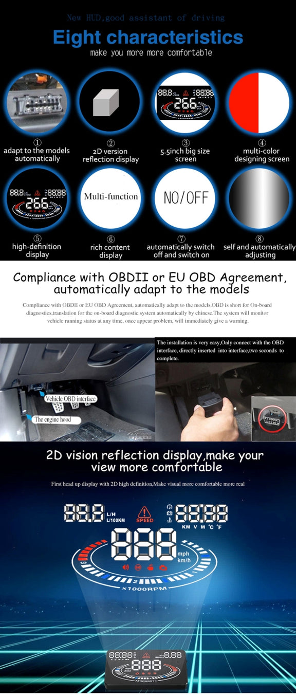 E300 5.5 inch Car OBDII / EUOBD HUD Vehicle-mounted Head Up Display Security System, Support Speed & Fuel Consumption, Overspeed Alarm,  Fuel Consumption, Water Temperature, etc.(Black)