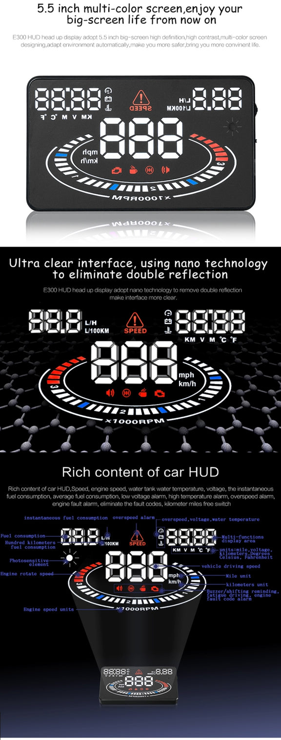 E300 5.5 inch Car OBDII / EUOBD HUD Vehicle-mounted Head Up Display Security System, Support Speed & Fuel Consumption, Overspeed Alarm,  Fuel Consumption, Water Temperature, etc.(Black)