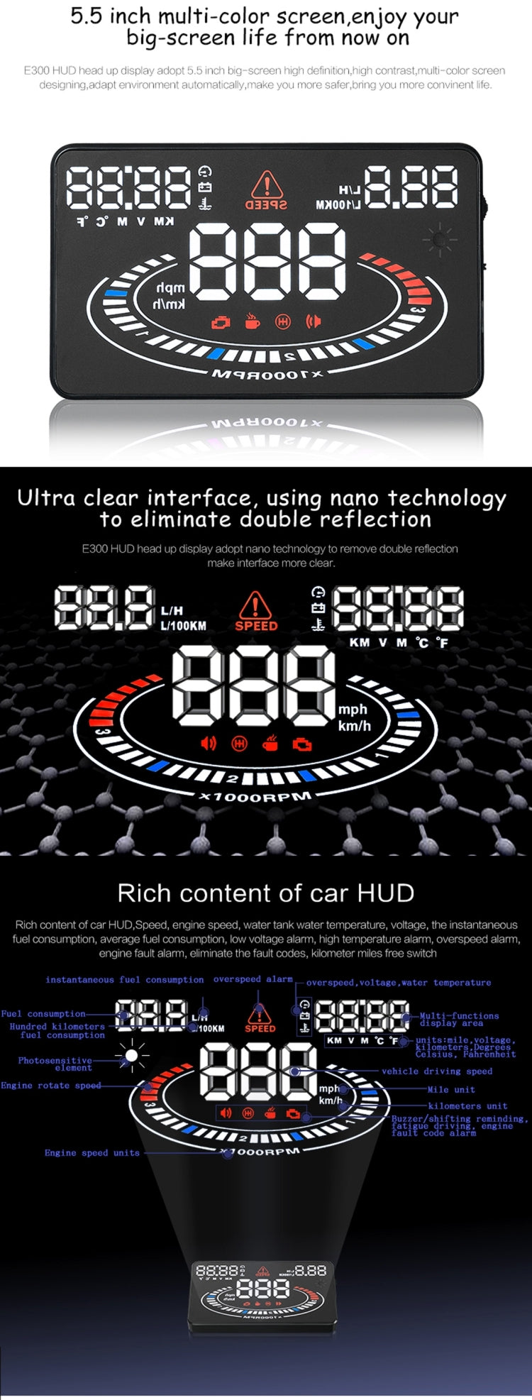 E300 5.5 inch Car OBDII / EUOBD HUD Vehicle-mounted Head Up Display Security System, Support Speed & Fuel Consumption, Overspeed Alarm,  Fuel Consumption, Water Temperature, etc.(Black)