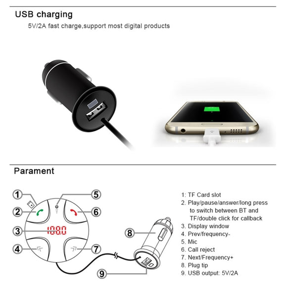 FM29B Bluetooth FM Transmitter Hands-free Car Kit, Car Charger, For iPhone, Galaxy, Sony, Lenovo, HTC, Huawei, and other Smartphones