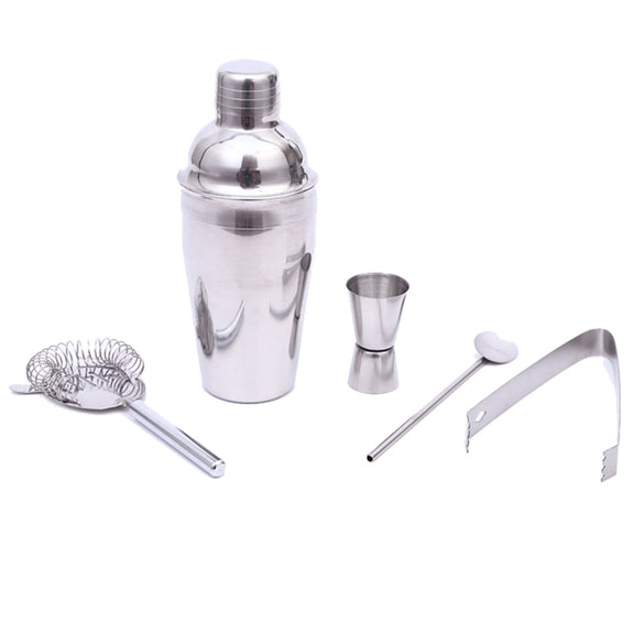 5 in 1 Classic Stainless Steel Shaker Set, Capacity: 550ml (Shaker + Jigger + Strainer + Ice Clip + Stirrer Pipe)(Silver)