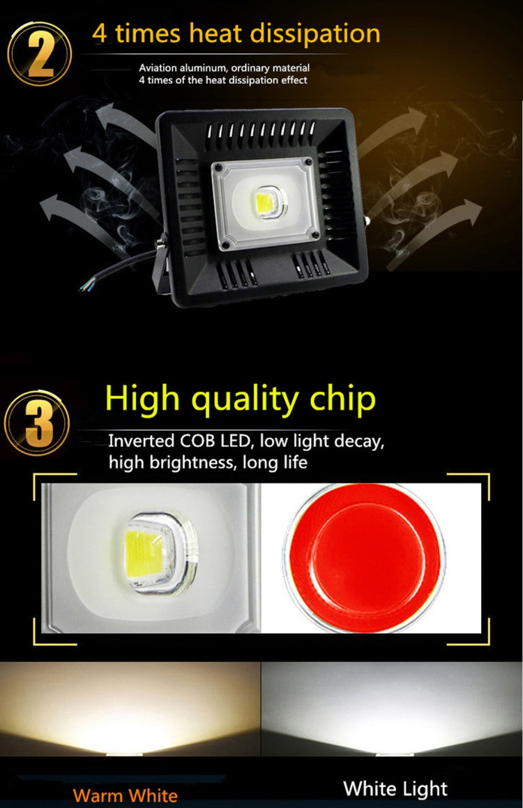 50W Water-resistant LED Floodlight Lamp, Luminous Flux: > 4000LM, PF > 0.9, RA > 80, AC 90-140V(Warm White)
