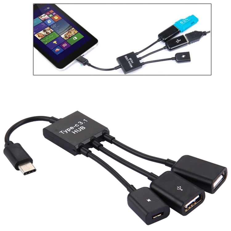17.8cm 3 Ports USB-C / Type-C 3.1 OTG Charge HUB Cable, For Galaxy S8 & S8 + / LG G6 / Huawei P10 & P10 Plus / Xiaomi Mi 6 & Max 2 and other Smartphones(Black) - USB HUB by PMC TechLife | Online Shopping South Africa | PMC TechLife | Buy Now Pay Later Mobicred