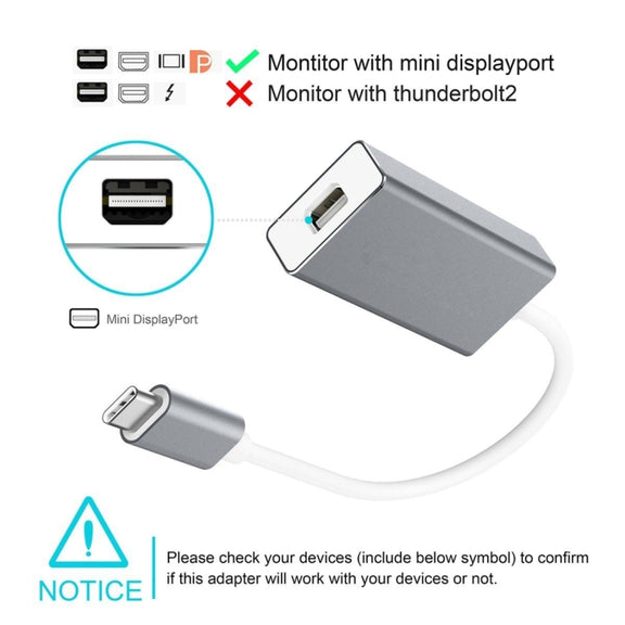 10cm USB-C / Type-C 3.1  to Mini Display Adapter Cable, For MacBook 12 inch, Chromebook Pixel 2015, Nokia N1 Tablet PC(Silver)