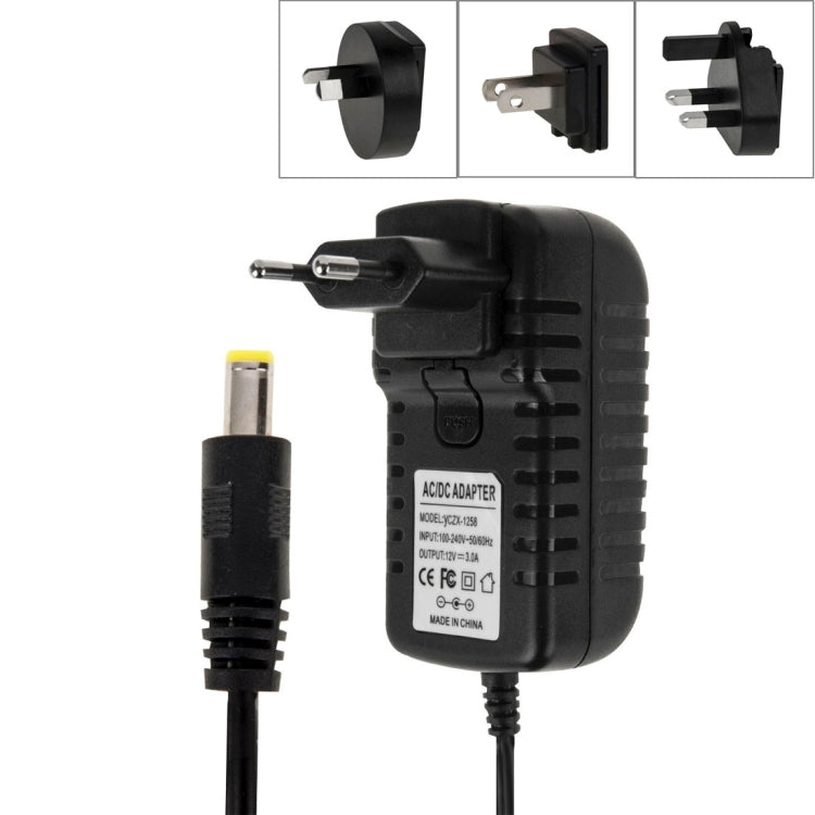 4 in 1 EU Plug + US Plug + UK Plug + AU Plug AC 100-240V to DC 12V 3A Power Adapter, Tips: 5.5 x 2.1mm, Cable Length: about 1.2m(Black) - AC Adapers by PMC TechLife | Online Shopping South Africa | PMC TechLife | Buy Now Pay Later Mobicred