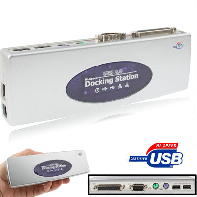 Hi-speed USB 2.0 Docking Station with 8 Ports (2xUSB 2.0 + PS2 Mouse + PS2 Keyboard + RS232 + DB25 + LAN + Upstream),Silver(Silver)