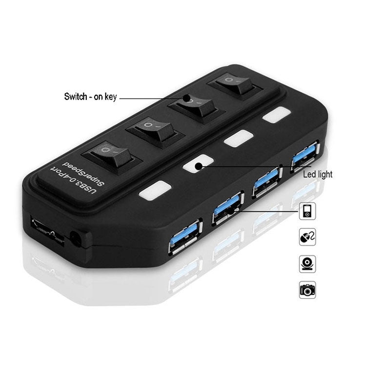 4 Ports USB 3.0 Hub with Individual Switches for each Data Transfer Ports(Black) - USB 3.0 HUB by PMC Jewellery | Online Shopping South Africa | PMC Jewellery | Buy Now Pay Later Mobicred