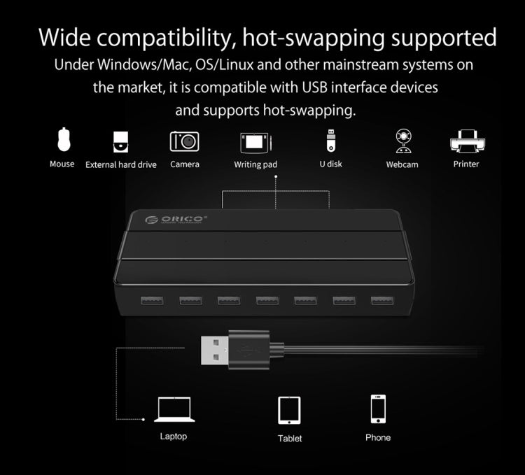 Orico H7928-U2-V1 Desktop 7 Ports USB 2.0 HUB with Power Adapter(Black) - free shipping - PMC Jewellery - Order now!