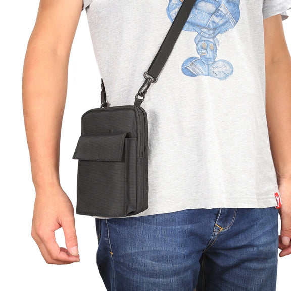 6.4 inch and Below Universal Polyester Men Vertical Style Case Shoulder Carrying Bag with Belt Hole & Climbing Buckle, For iPhone, Samsung, Sony, Huawei, Meizu, Lenovo, ASUS, Oneplus, Xiaomi, Cubot, Ulefone, Letv, DOOGEE, Vkworld, and other (Black)