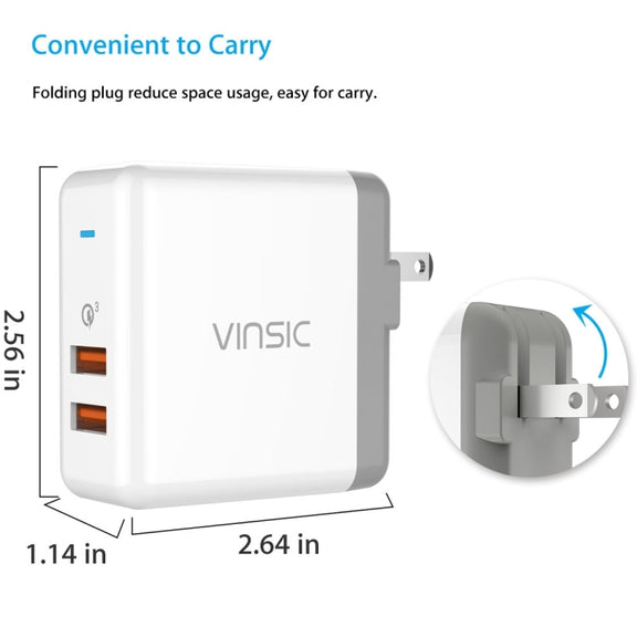 Vinsic 36W Portable Dual-Port Quick Charger 3.0 Dual-Port USB Wall Charger Travel Adapter, For iPhone/iPad, Galaxy S7/S6/Edge/Plus, Mi5 etc, US Plug