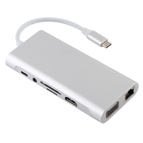 11 in 1 VGA + LAN Port + 4 x USB 3.0 + SD / TF Card + HDMI + Audio Port + USB-C / Type-C Female to USB-C / Type-C HUB Adapter (Silver)