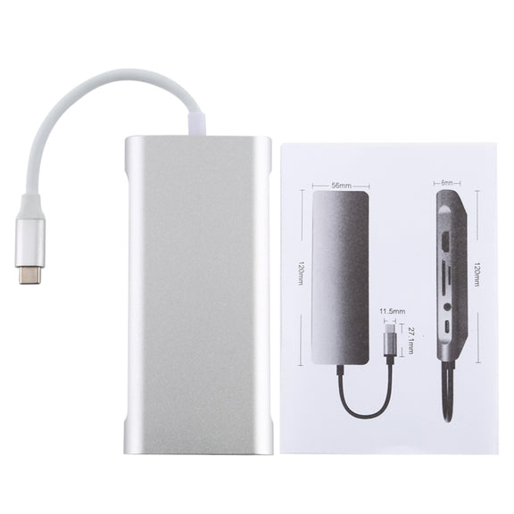 11 in 1 VGA + LAN Port + 4 x USB 3.0 + SD / TF Card + HDMI + Audio Port + USB-C / Type-C Female to USB-C / Type-C HUB Adapter (Silver)