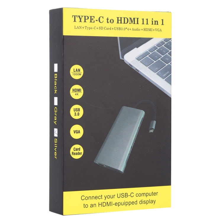 11 in 1 VGA + LAN Port + 4 x USB 3.0 + SD / TF Card + HDMI + Audio Port + USB-C / Type-C Female to USB-C / Type-C HUB Adapter (Silver)