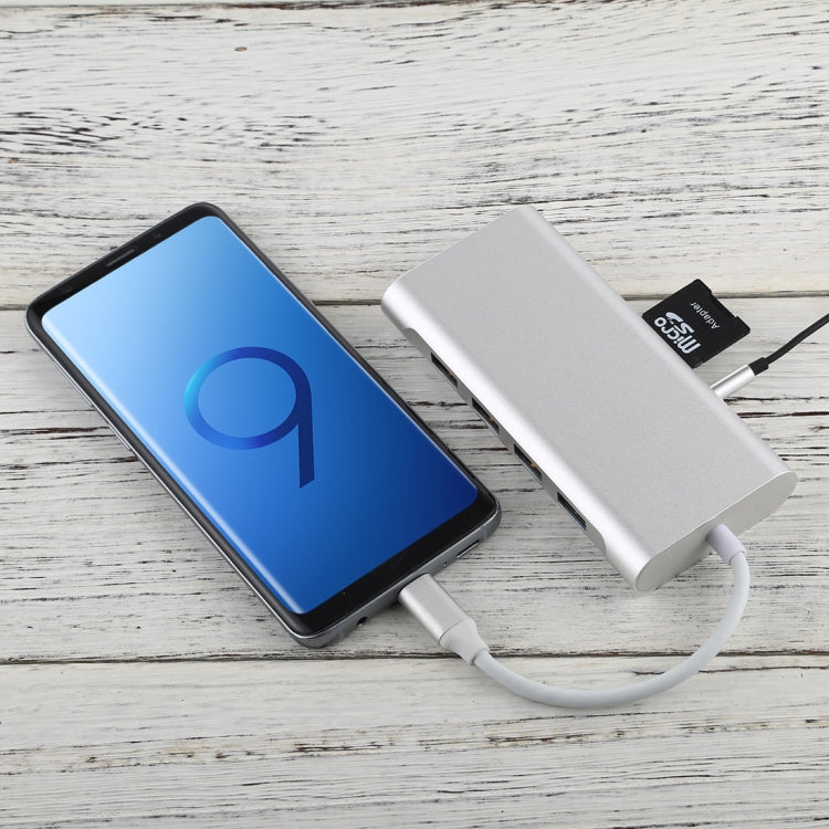11 in 1 VGA + LAN Port + 4 x USB 3.0 + SD / TF Card + HDMI + Audio Port + USB-C / Type-C Female to USB-C / Type-C HUB Adapter (Silver)
