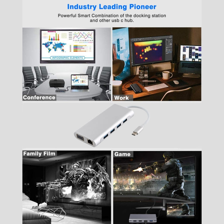11 in 1 VGA + LAN Port + 4 x USB 3.0 + SD / TF Card + HDMI + Audio Port + USB-C / Type-C Female to USB-C / Type-C HUB Adapter (Silver)