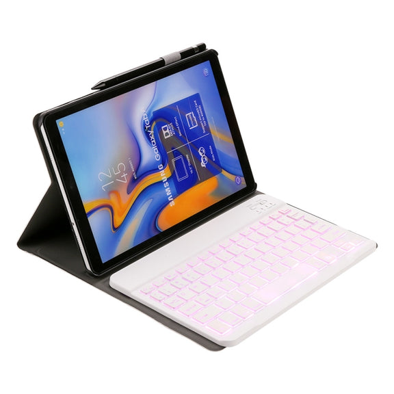 ST590S Bluetooth 3.0 Fine Wool Texture PU Leather ABS Detachable Seven-color Backlight Bluetooth Keyboard Leather Tablet Case for Samsung Galaxy Tab A 10.5 inch T590 / T595, with Pen Slot & Holder (Rose Gold)