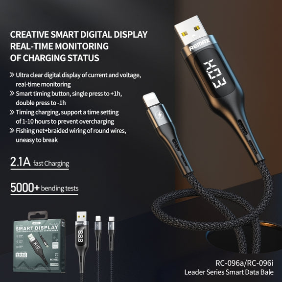 REMAX RC-096i Leader 1.2m 2.1 USB to 8 Pin Intelligent Digital Display Aluminum Alloy Braid Fast Charging Data Cable